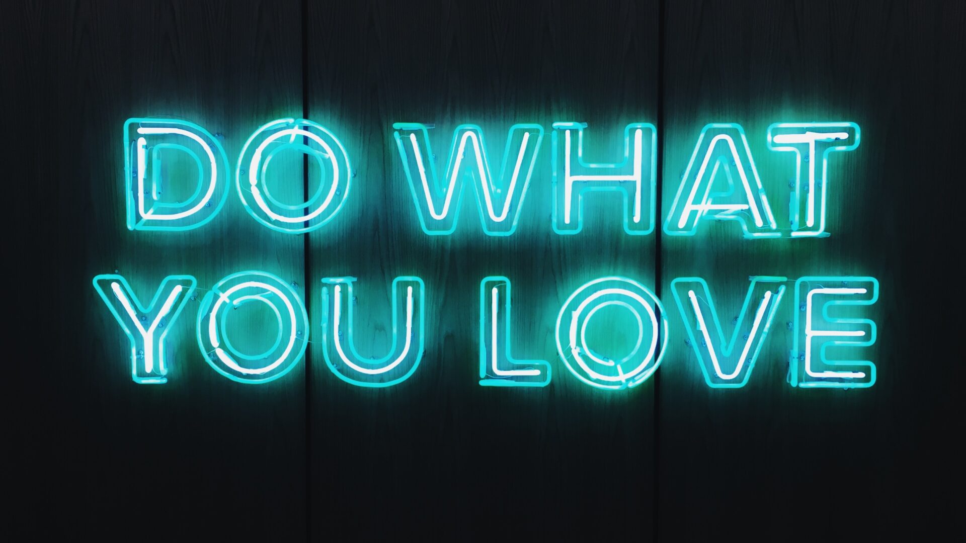 A blue neon sign spelling out "do what you love" in all caps.